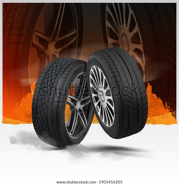 Car wheels set. Poster design. Aluminum wheel.\
Banner. Promo. Information. Store. Action. Wheel. Black rubber.\
Realistic vector shining disk car wheel tire. Change a car tires\
from summer for winter.