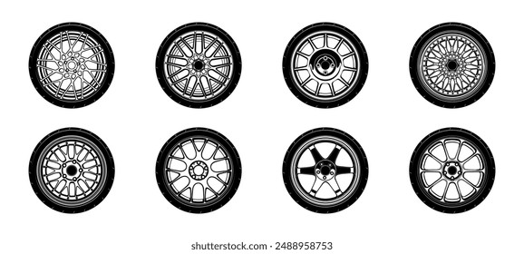 Car wheels vector set. Shiny steel rims and tires collection.