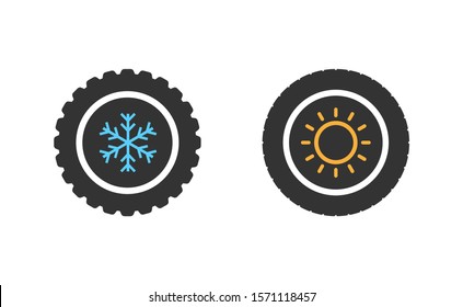 Car wheels with winter and summer tires. Winter tires with snowflake and summer symbols