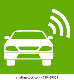 Car with wifi sign icon white isolated on green background. Vector illustration