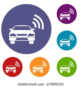 Car with wifi sign icons set in flat circle reb, blue and green color for web