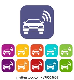 Car with wifi sign icons set vector illustration in flat style In colors red, blue, green and other