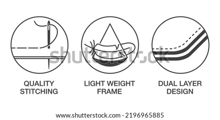 Car window shade properties icons set - quality stitching, light weight frame and dual layer design. Sunlight protection of windshield