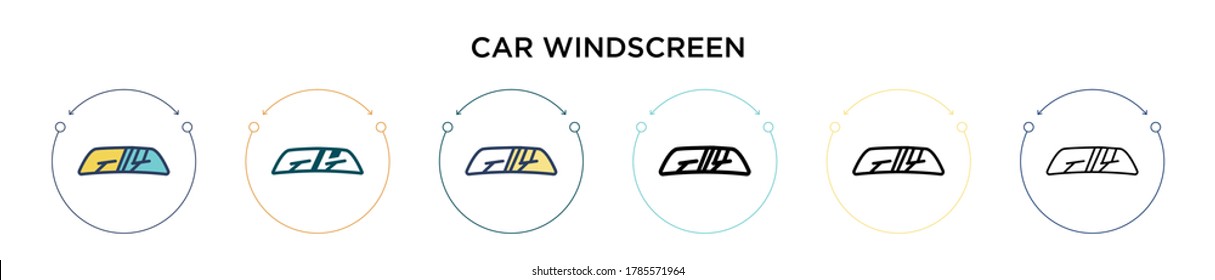 Car windscreen icon in filled, thin line, outline and stroke style. Vector illustration of two colored and black car windscreen vector icons designs can be used for mobile, ui, web
