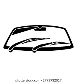 Car windscreen with windshield wipers and mirror stencil. Minimalist black stencil of a vehicle windshield with two wipers and a rearview mirror. Bold silhouette style. Ideal for automotive icons or car repair shop branding.