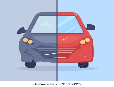 Car Windshield Replacement and Car Body Frame Repair Due to Cracks, Breaks or Accidents in Flat Style Cartoon Illustration