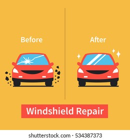 
Car Windshield Replacement Concept. Car Window Before And After Repair. Vector Illustration.