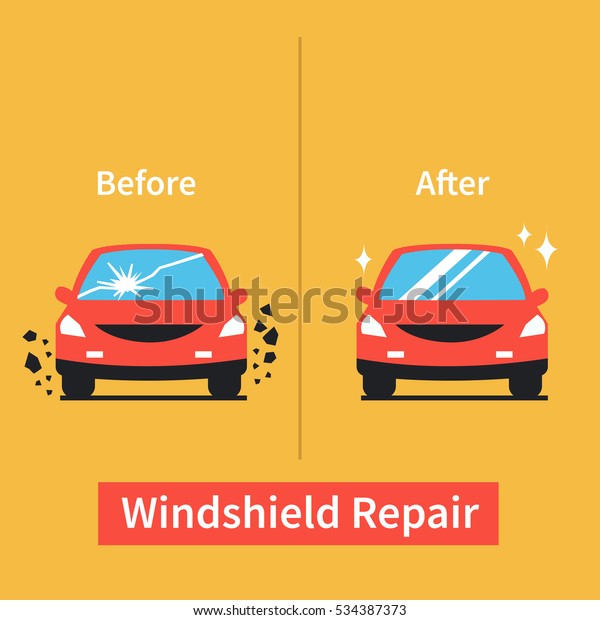 \
Car windshield replacement\
concept. Car window before and after repair. Vector\
illustration.