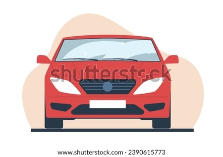 Car windshield wiper cleans window of rain and dirt. Front view red sedan automobile. Auto cleaning equipment. Dirty city transport windscreen. Cartoon flat isolated vector concept