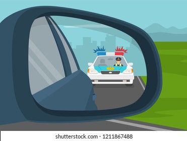 Car Wing Mirror. Back Side View. Police Chasing Criminal In A Car On The Highway. Flat Vector Illustration.