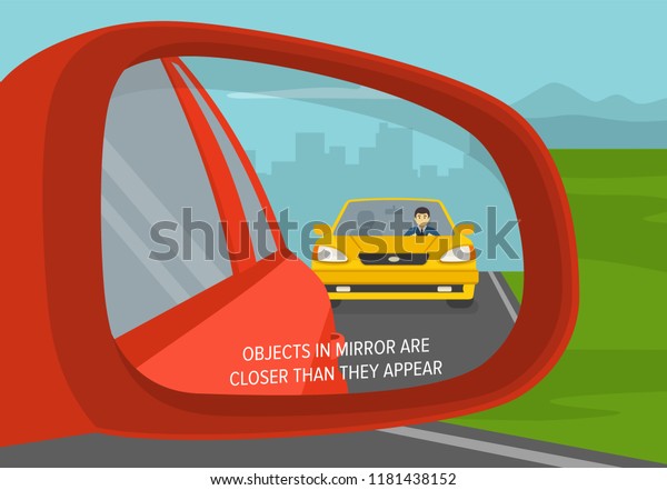 Car wing mirror. Back\
side view. Objects in mirror are closer than they appear. Flat\
vector illustration.