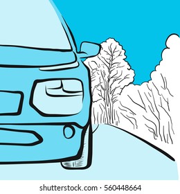  Car in winter on smooth road, illustration, Hand drawn Vector Artwork