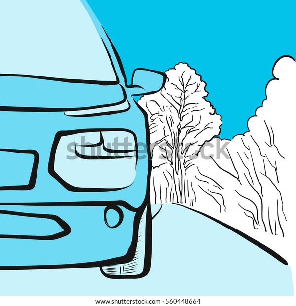  Car in winter on smooth road, illustration, Hand\
drawn Vector Artwork