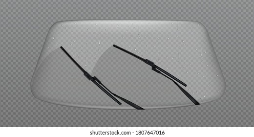 Car wiper clean windscreen, glass windshield with rain drops, automobile front window automatic cleaner, vehicle washing isolated on transparent background, Realistic 3d vector illustration, clip art