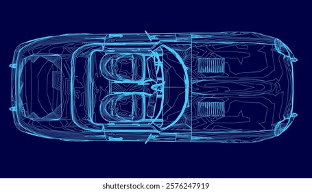 Car wireframe. The car has two seats, one on the left and one on the right. The car is designed to look futuristic and sleek, with a smooth