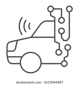Car with wireless sensor circuit thin line icon, neural network concept. Vector graphics. Automobile with data connections sign on white background, outline style icon for mobile or web design