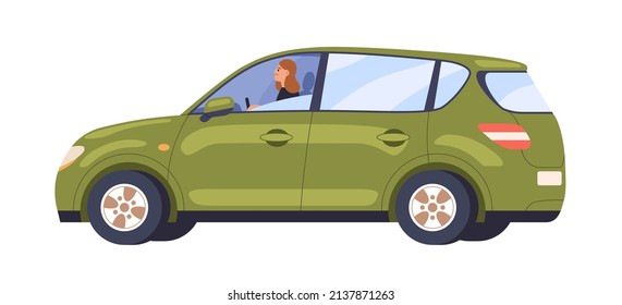 Car with woman driver inside. Person driving automobile with open window, side view. Happy auto owner, rider enjoying ride, profile. Flat vector illustration isolated on white background