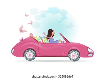 Car woman in pink convertible with shopping bags 