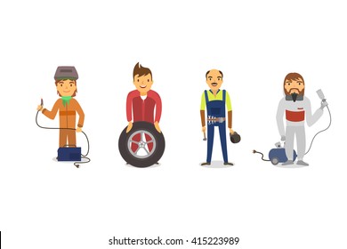 Car workers with working tools