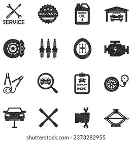 Car Workshop Icons. Black Scribble Design. Vector Illustration.