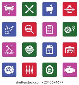 Car Workshop Icons. White Flat Collection In Square. Vector Illustration.