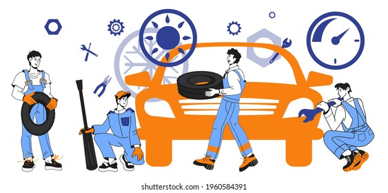 Car workshop and repair service banner with mechanics characters, cartoon vector illustration isolated on white. Workers in tire service or car repair garage.