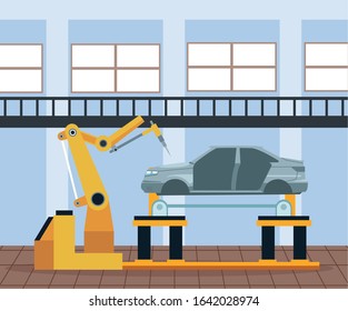 car workshop scenery with arm industrial machine working on lifted car body, colorful design, vector illustration