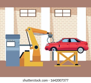 car workshop scenery with lifted car and arm industrial machine, colorful design, vector illustration