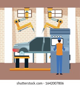 car workshop scenery with lifted car with industrial arms and mechanic surpervising, colorful design, vector illustration