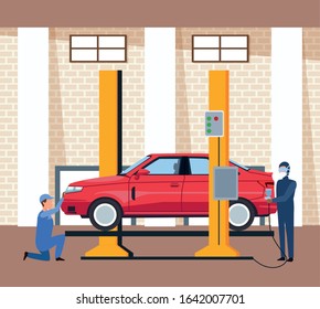 Escenario de taller de camión con camión levantado y hombre pintando rojo, diseño colorido, ilustración vectorial