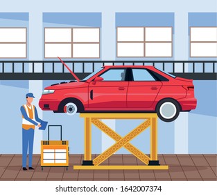 car workshop scenery with lifted car and mechanic supervising, colorful design, vector illustration