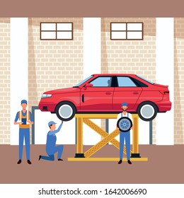 car workshop scenery with lifted car and mechanics working on, colorful design, vector illustration