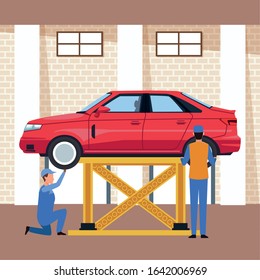 car workshop scenery with lifted car and mechanics working on , colorful design, vector illustration