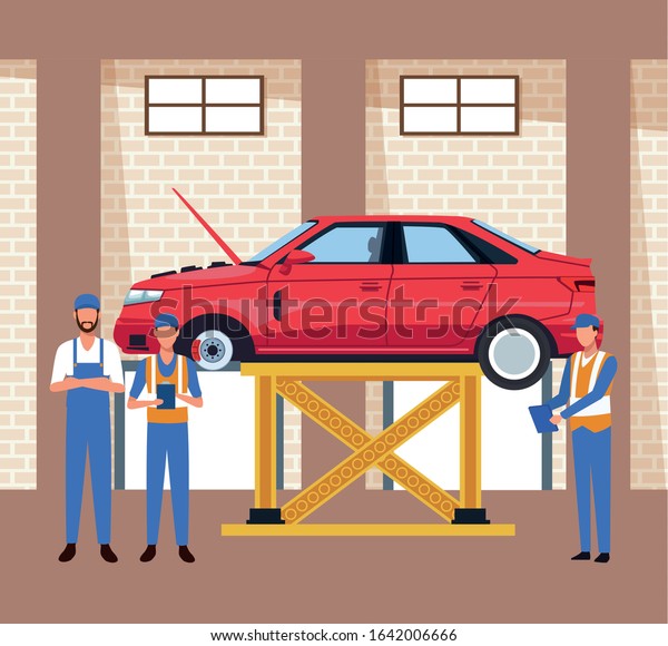 car workshop scenery with\
lifted car and mechanics standing , colorful design, vector\
illustration