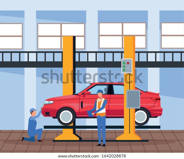 car workshop scenery with\
lifted car with mechanics working, colorful design, vector\
illustration