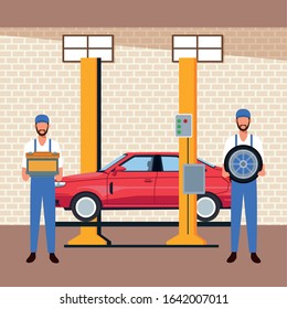 car workshop scenery with lifted car on machine and mechanics holding a car parts, colorful design, vector illustration