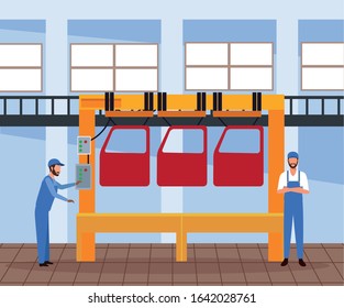 car workshop scenery with machine with car doors and mechanics supervising, colorful design, vector illustration