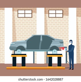 car workshop scenery with man painting a lifted car, colorful design, vector illustration