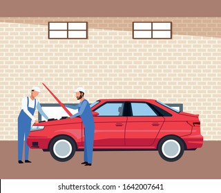 car workshop scenery with mechanics fixing a red car, colorful design, vector illustration