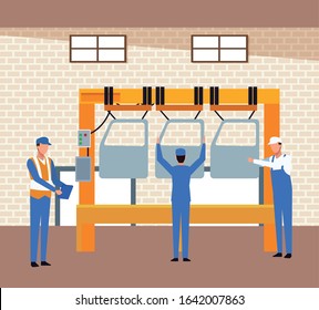 car workshop scenery with mechanics and machine with car doors, colorful design, vector illustration