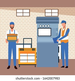 car workshop scenery with mechanics with car parts and scanner machine, colorful design, vector illustration
