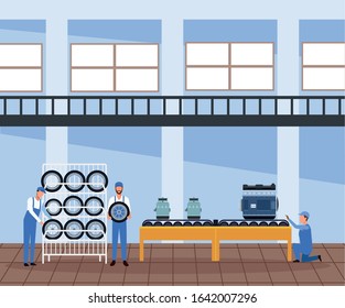 car workshop scenery with mechanics with car tires rack and car parts , colorful design, vector illustration