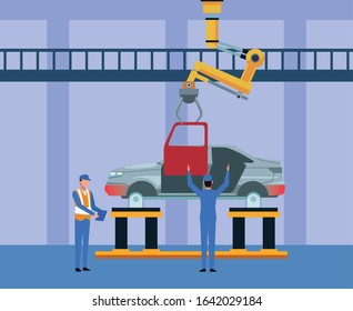 car workshop scenery with mechanics working on a car body, colorful design, vector illustration