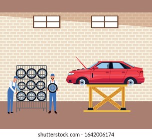car workshop scenery with car tires rack and mechanics with lifted car, colorful design, vector illustration