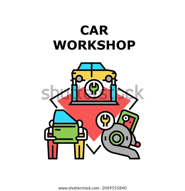 Car\
Workshop Vector Icon Concept. Car Workshop For Repair Automobile\
Turbine And Engine, Suspension And Body After Accident. Garage\
Service Workers Fixing Vehicle Color\
Illustration