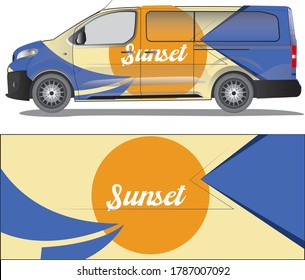 Car wrap with a abstract art of sunset design graphic for van livery design