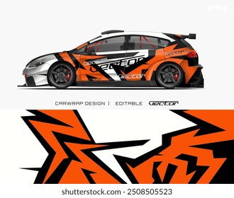 Car wrap with black, white, and orange geometric pattern. Suitable for branding vehicles with a modern, eye catching design.
