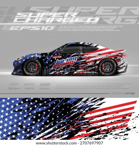 Car wrap decal american flag designs. Abstract racing and sport background for racing livery or daily use car vinyl sticker.