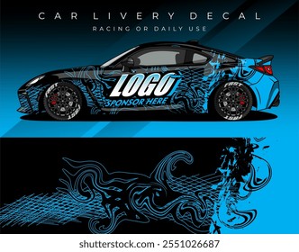 Car wrap decal with black blue colour, Car livery abstract design. Template sticker for racing, rally, daily use