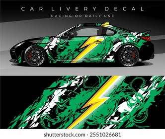 Car wrap decal with black green white yellow lightning colour, Car livery abstract design. Template sticker for racing, rally, daily use